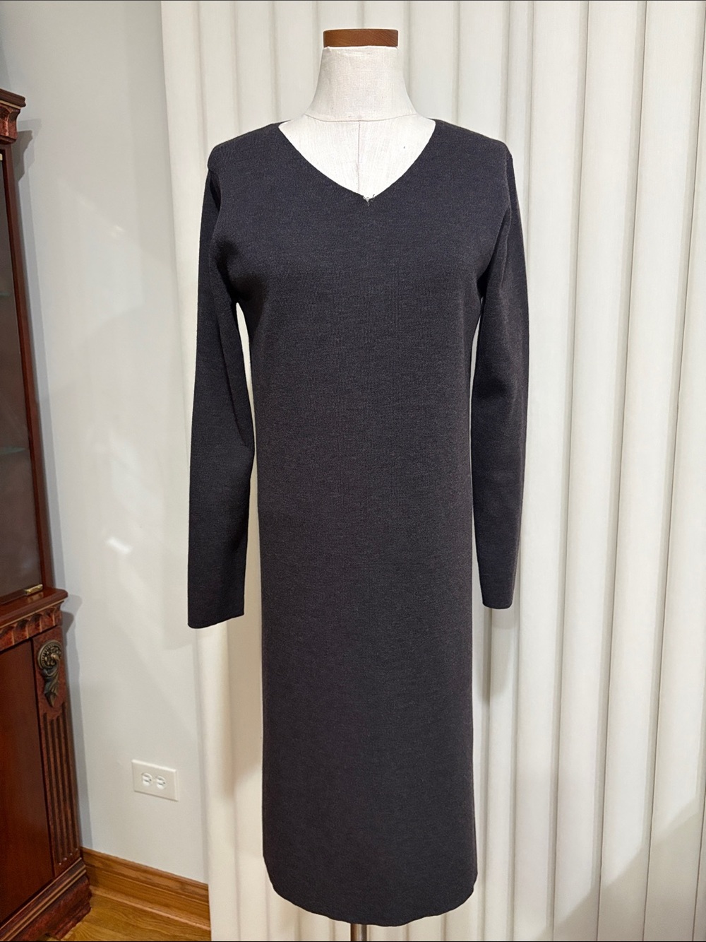 Eileen Fisher Classic Charcoal brown V-Neck Long Sleeve wool sweater midi dress